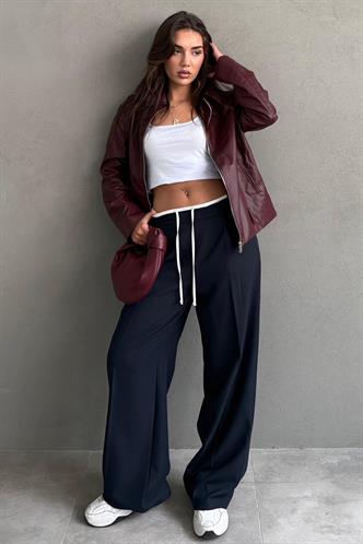 Lacivert Çift Bel Bantlı Wide Leg Kadın Pantolon MG2551