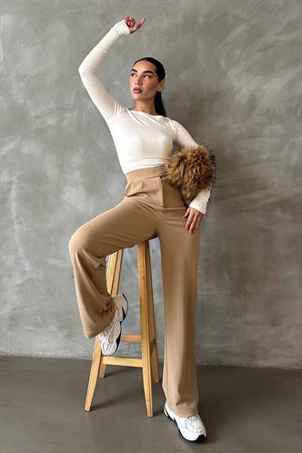 Bej Likralı Cırt Kapamalı Palazzo Pantolon MG2291