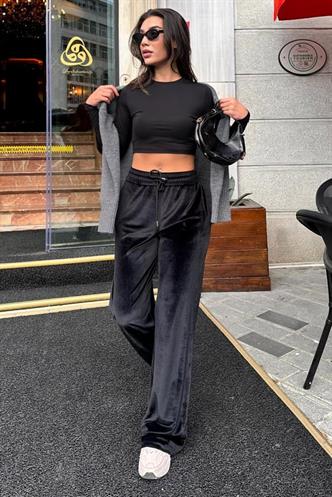 Koyu Siyah Bol Paça Kadife Pantolon MG2283