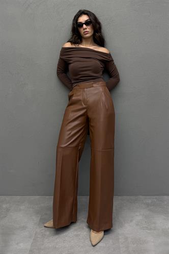 Kahverengi Pensli Palazzo Kadın Deri Pantolon MG2612