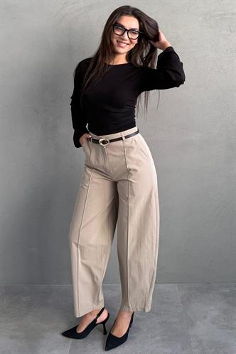 Haki Modern Kesim Kemerli Yüksek Bel Bol Paça Kumaş Pantolon MG2618