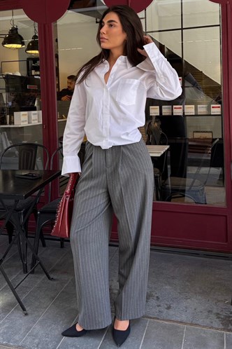 Antrasit Çizgili Yüksek Bel Pileli Kadın Kumaş Pantolon MG2641