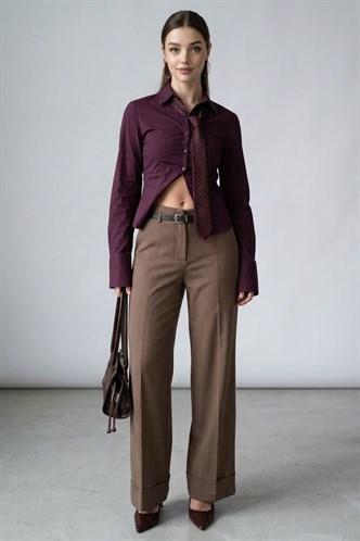 Vizon Çizgili Geniş Paça Normal Bel Kemerli Pantolon MG2735