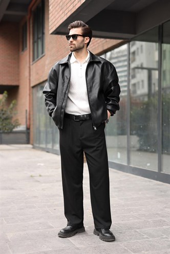 Siyah Pilili Relaxed Fit Pantolon E6588