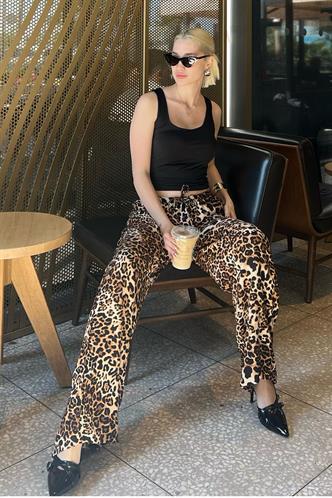 Bej Ayarlanabilir Bel Leopar Desenli Bol Paça Pantolon MG2095
