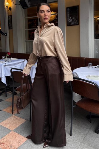 Acı Kahverengi Geniş Paça Şık Saten Pantolon MG2736