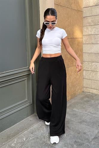 Siyah Yüksek Bel Rahat Kesim Geniş Paça Kadın Eşofman MG2309