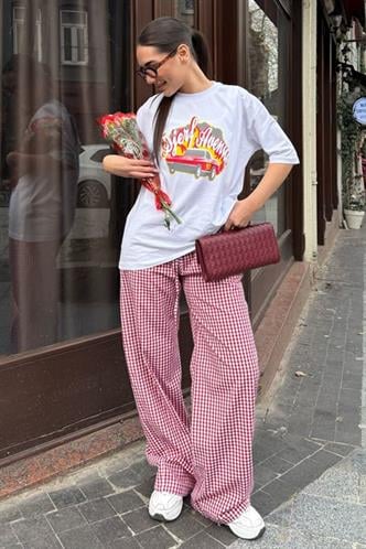 Bordo Pötikareli Bol Paça Kadın Pantolon Mg2335