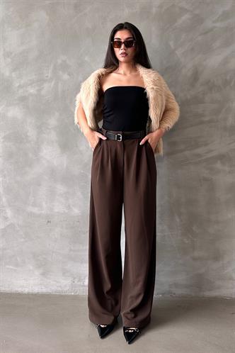 Kahverengi Çift Pileli Kemerli Pantolon Mg2330