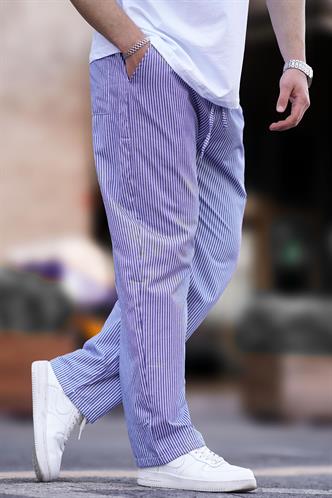 Lacivert Beli Ayarlanabilir Bol Paça Dökümlü Çizgili Pantolon 6541