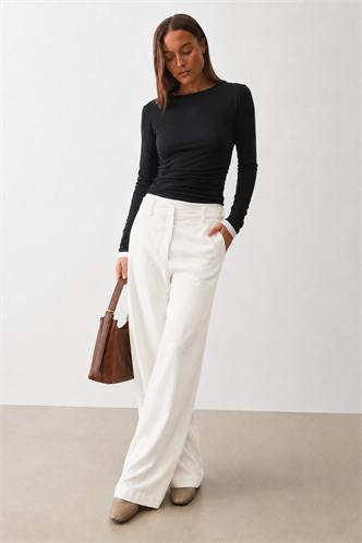 Beyaz Yüksek Bel Keten Wide Leg Pantolon MG2718