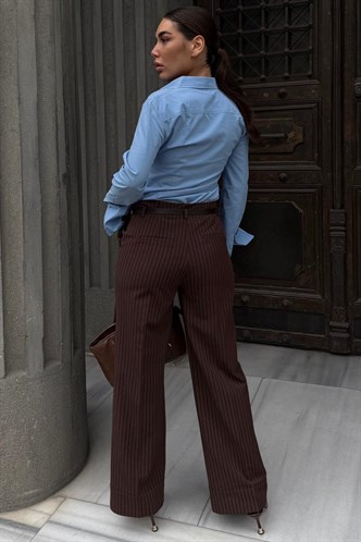 Kahverengi Çizgili Geniş Paça Normal Bel Kemerli Pantolon MG2735