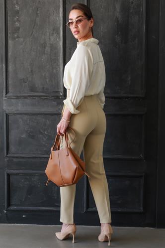 Bej Önü Biyeli Yüksek Bel Kadın Pantolon MG2425