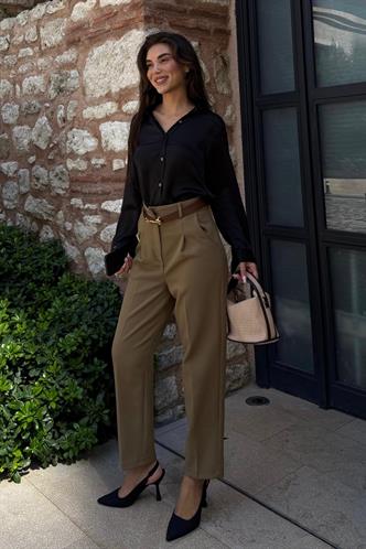 Haki Yüksek Bel Pileli Kadın Kumaş Pantolon Mg2507