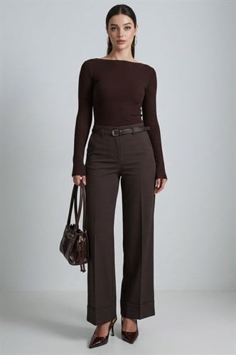 Acı Kahverengi Geniş Paça Normal Bel Kemerli Pantolon MG2735