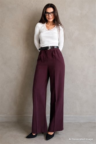 Mürdüm Yüksek Bel Pileli Kemerli Geniş Paça Kadın Pantolon MG2615