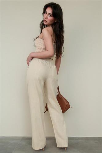 Bej Beli Büzgülü Wide Leg Kumaş Pantolon MG1950