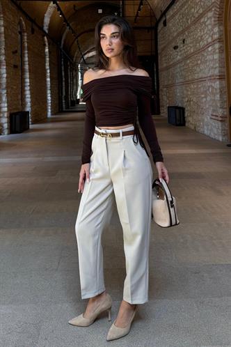 Taş Rengi Yüksek Bel Pileli Kadın Kumaş Pantolon Mg2507