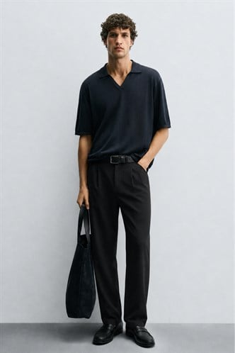 Siyah Pilili Relaxed Fit Pantolon E6588