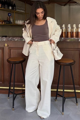 Ekru Yüksek Bel Keten Wide Leg Pantolon MG2718