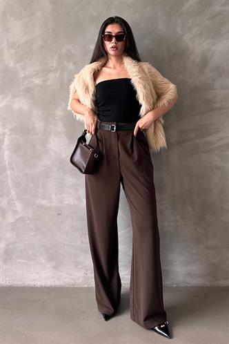 Kahverengi Çift Pileli Kemerli Pantolon Mg2330
