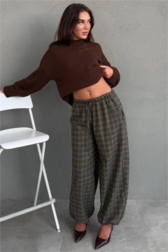 Haki Ekose Desenli Beli Lastikli Balon Pantolon MG2905