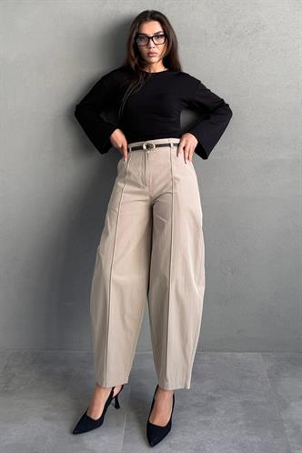 Haki Modern Kesim Kemerli Yüksek Bel Bol Paça Kumaş Pantolon MG2618