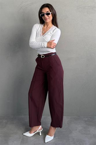 Mürdüm Modern Kesim Kemerli Yüksek Bel Bol Paça Kumaş Pantolon MG2618