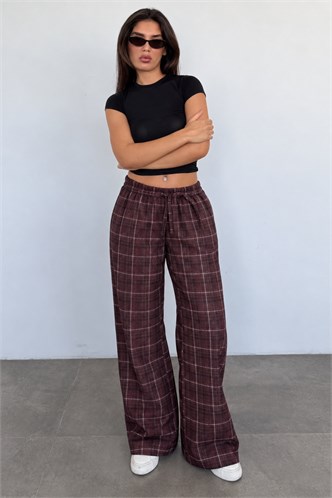 Bordo Lastikli Bel Geniş Paça Ekose Pantolon MG2658