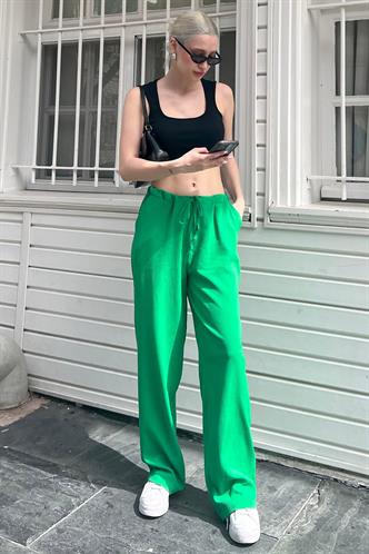 Yeşil Krinkıl Kumaş Basic Kadın Plaj Pantolon MG1778
