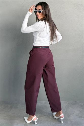Mürdüm Modern Kesim Kemerli Yüksek Bel Bol Paça Kumaş Pantolon MG2618