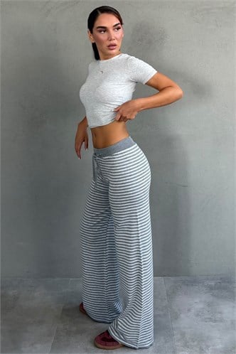 Gri Çizgili Bol Paça Kadın Triko Pantolon MG2916