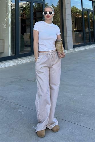 Bej Beli Ayarlanabilir Bol Paça Dökümlü Çizgili Pantolon MG2087