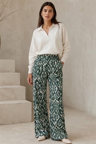 Yeşil Desenli Beli Lastikli Bol Paça Pantolon MG2051