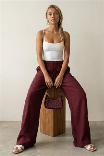 Bordo Bol Paça Müslin Kadın Pantolon MG1980