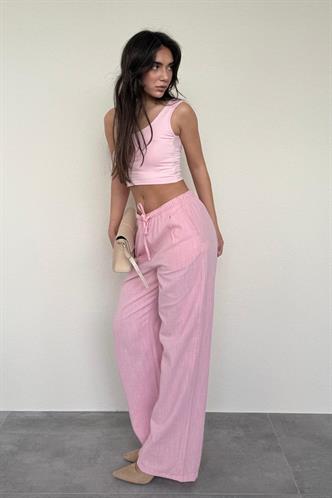 Pembe Beli Büzgülü Wide Leg Kumaş Pantolon MG1950