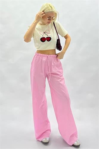 Fuşya Beli Ayarlanabilir Bol Paça Dökümlü Çizgili Pantolon MG2087