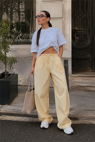 Sarı Beli Ayarlanabilir Ekoseli Bol Paça Kadın Pantolon Mg2335