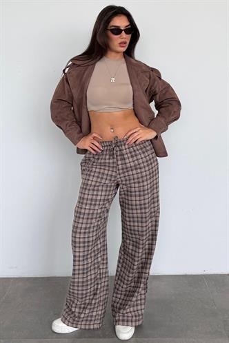 Kahverengi Lastikli Bel Geniş Paça Ekose Pantolon MG2658
