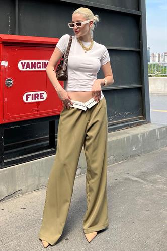 Haki Kemer Detaylı Bol Paça Pantolon MG1834