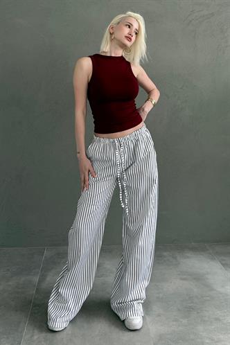 Beyaz Beli Ayarlanabilir Çizgili Cepli Bol Paça Kadın Pantolon Mg2312