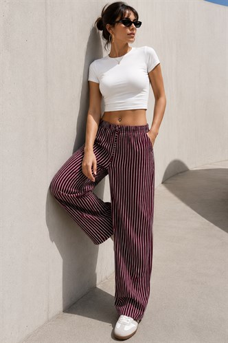 Bordo Beli Ayarlanabilir Çizgili Cepli Bol Paça Kadın Pantolon Mg2312
