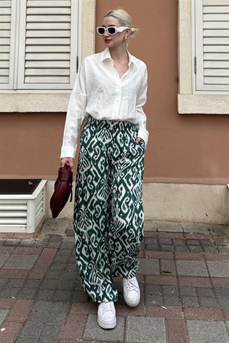 Yeşil Desenli Beli Lastikli Bol Paça Pantolon MG2051