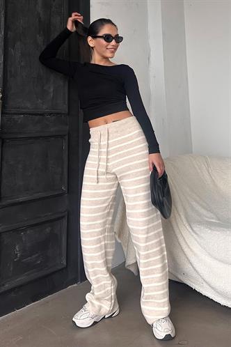 Bej Çizgili Kadın Triko Pantolon Mg2342