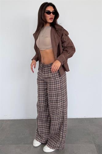 Kahverengi Lastikli Bel Geniş Paça Ekose Pantolon MG2658