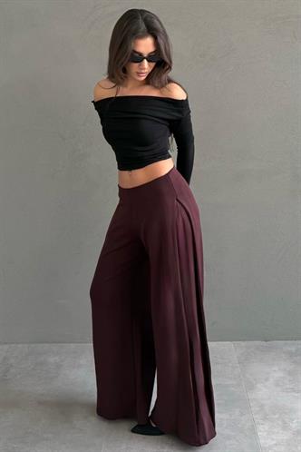 Bordo Yumuşak dokunuşlu, Yanları Pilili, Modal İçeren Geniş Paça Pantolon MG2668