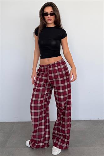 Bordo Lastikli Bel Geniş Paça Ekose Pantolon MG2658