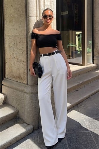 Beyaz Çift Pileli Kemerli Pantolon Mg2330