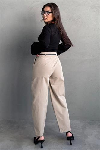 Haki Modern Kesim Kemerli Yüksek Bel Bol Paça Kumaş Pantolon MG2618