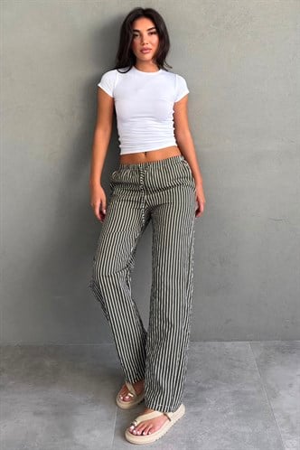 Haki Beli Ayarlanabilir Çizgili Cepli Bol Paça Kadın Pantolon Mg2312